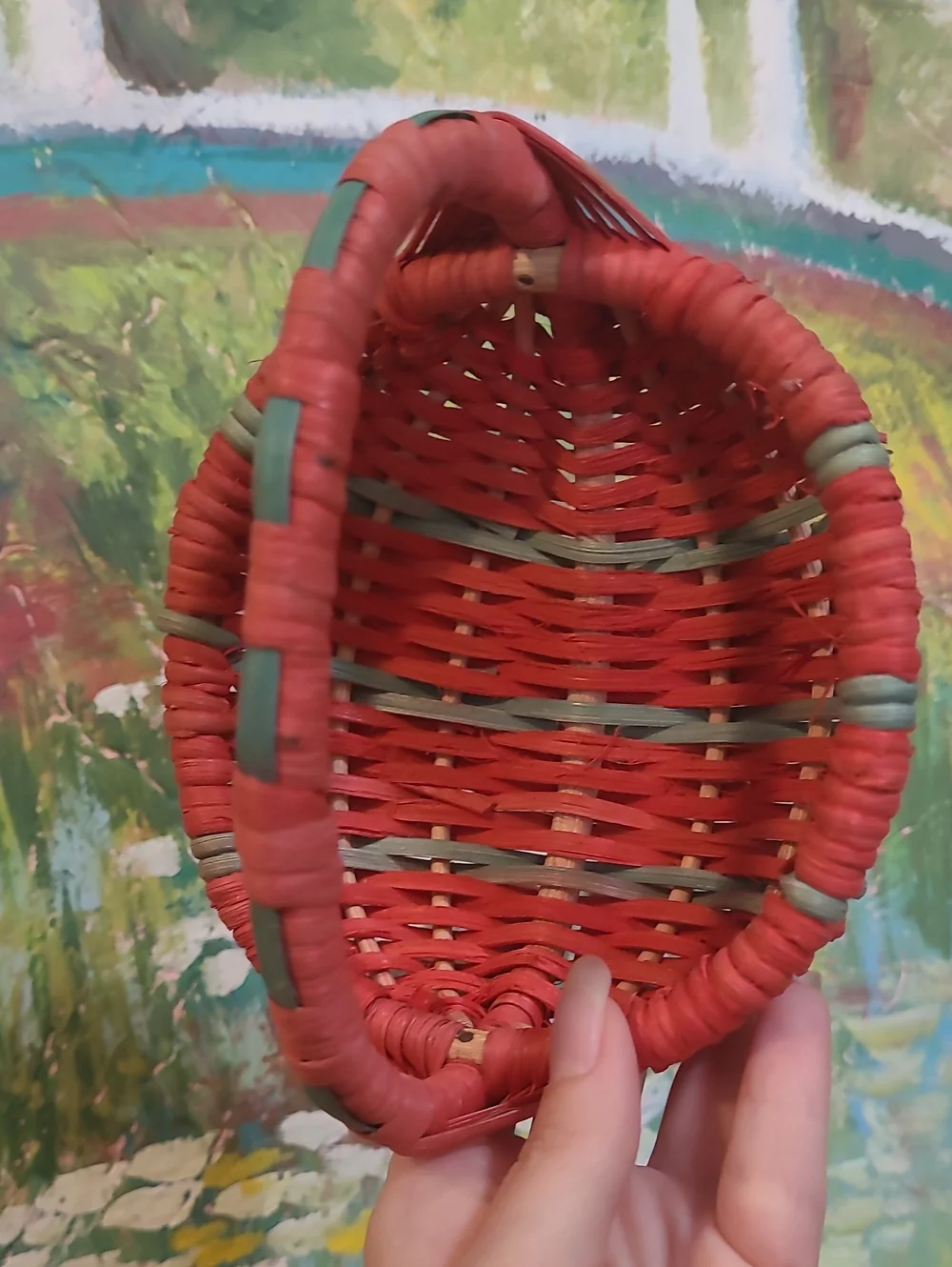 Small Handwoven Red Basket with Handle